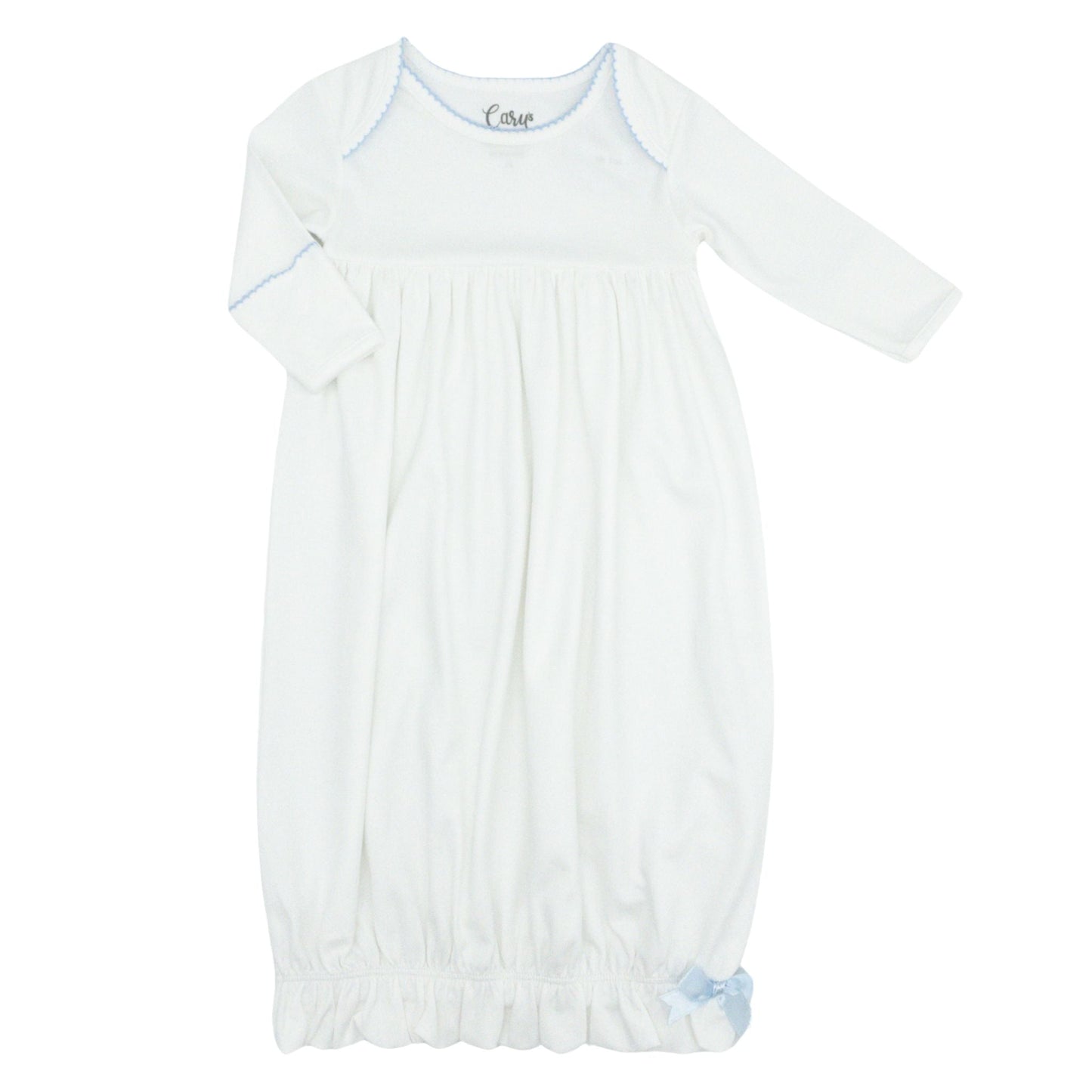 Pima Knit Lap Shoulder Gown with Picot Trim - White with Blue