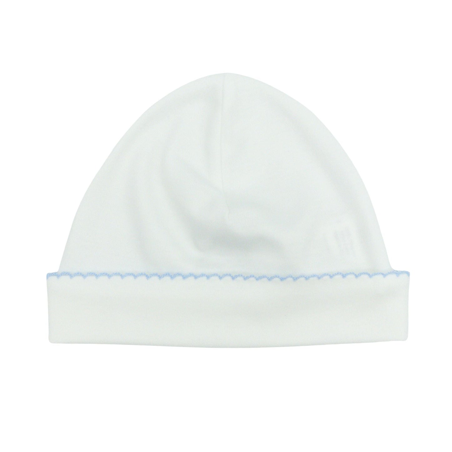 Pima Knit Hat with Picot Trim - White with Blue