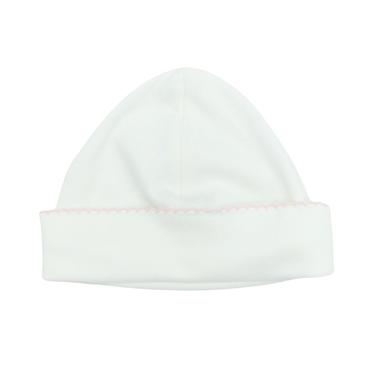Pima Knit Hat with Picot Trim - White with Pink