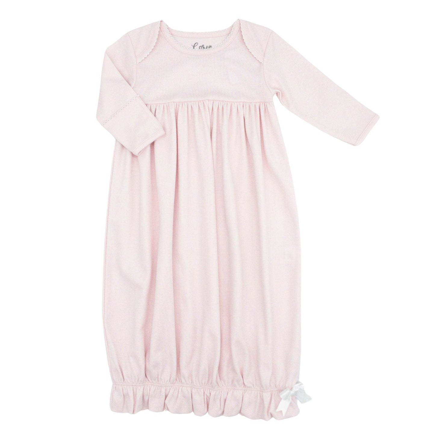 Pima Knit Lap Shoulder Gown with Picot Trim - Pink with White