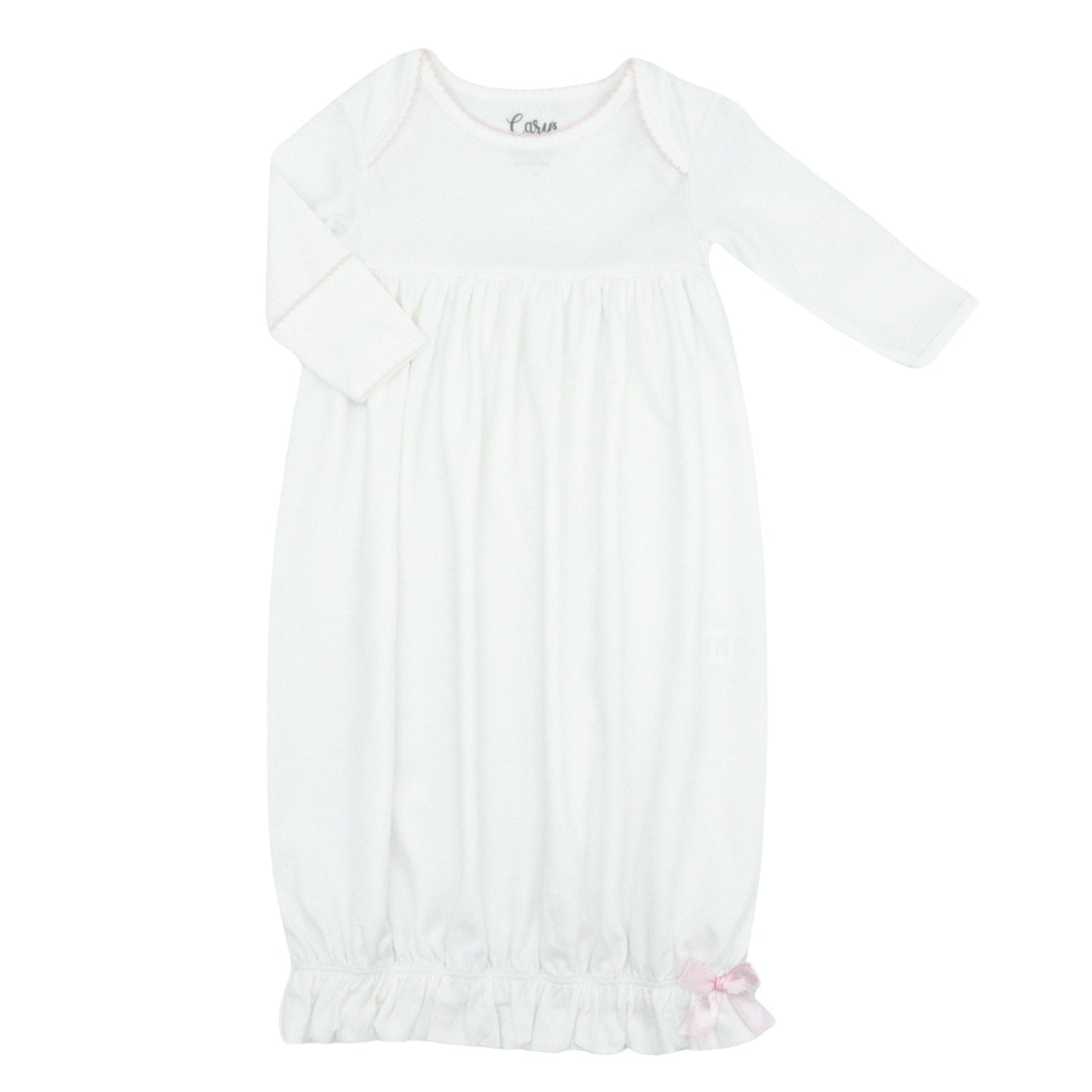 Pima Knit Lap Shoulder Gown with Picot Trim - White with Pink