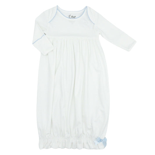 Pima Knit Lap Shoulder Gown with Picot Trim - White with Blue