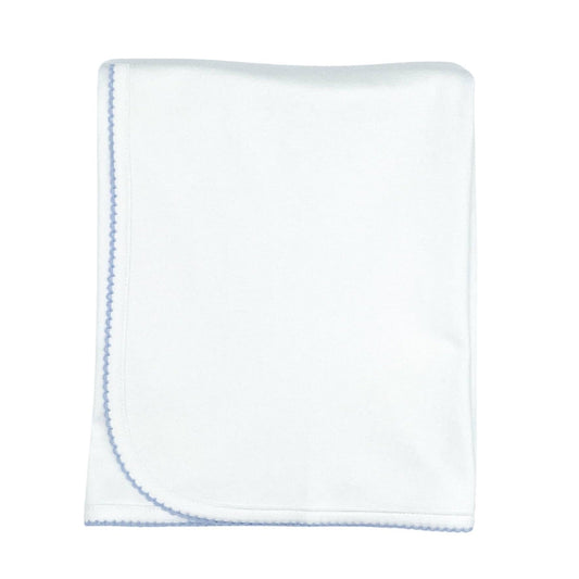 Pima Knit Blanket with Picot Trim - White with Blue