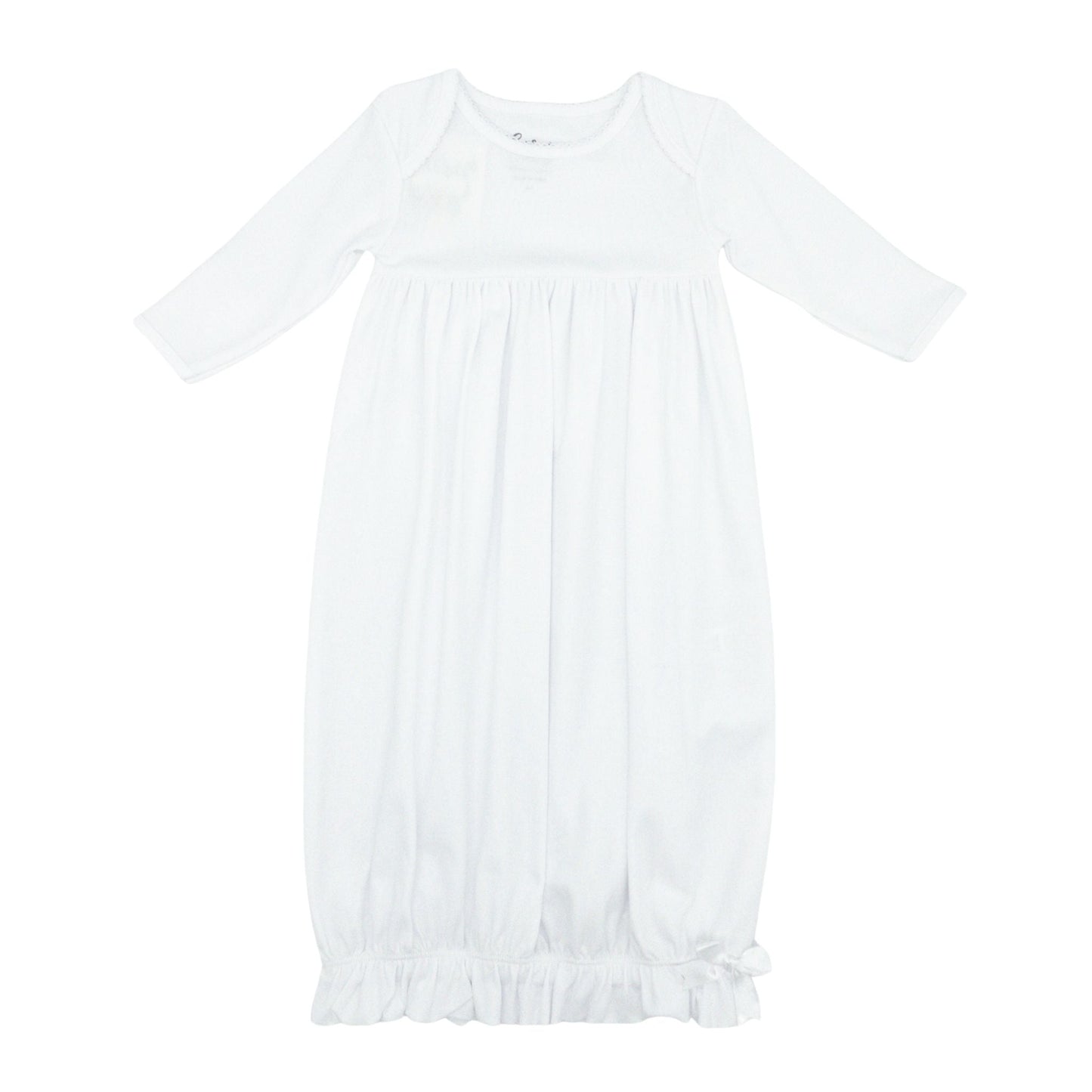 Pima Knit Lap Shoulder Gown with Picot Trim - White with White