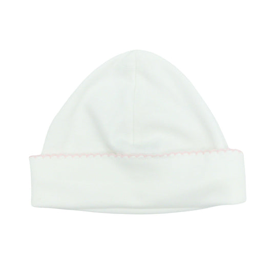 Pima Knit Hat with Picot Trim - White with Pink